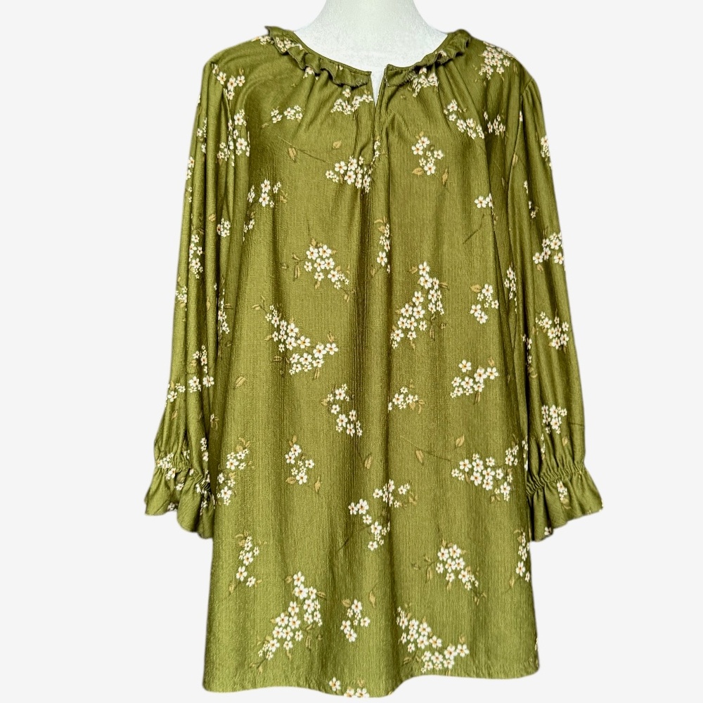 Melloday Olive Green Daisy Print Floral Blouse Sz 1X